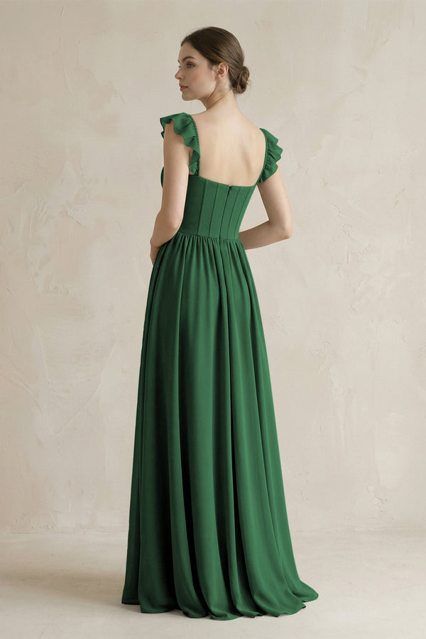 Sweetheart Chiffon Ruffled A - Line Corset Bridesmaid Dress in Dark Green - KissProm Bridesmaid Dresses