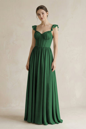 Sweetheart Chiffon Ruffled A - Line Corset Bridesmaid Dress in Dark Green - KissProm Bridesmaid Dresses