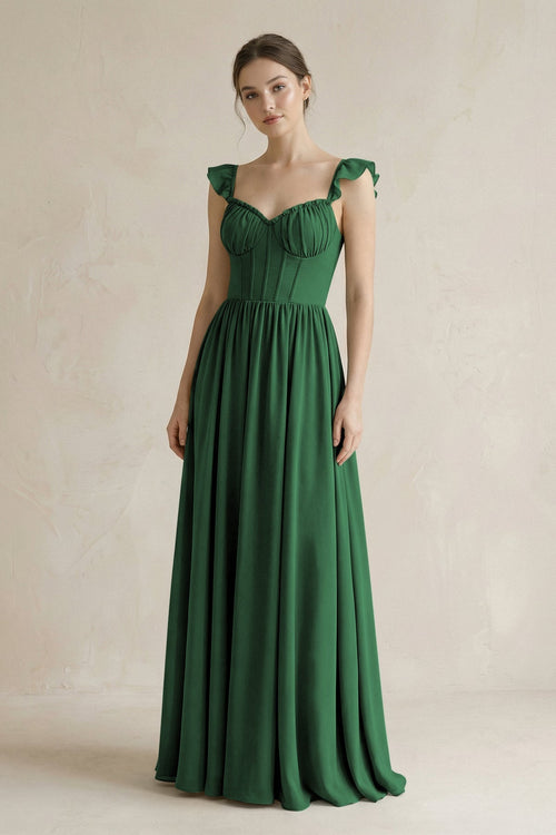 Sweetheart Chiffon Ruffled A - Line Corset Bridesmaid Dress in Dark Green - KissProm Bridesmaid Dresses