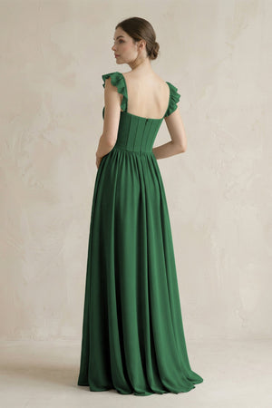 Sweetheart Chiffon Ruffled A - Line Corset Bridesmaid Dress in Dark Green - KissProm Bridesmaid Dresses