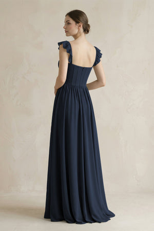 Sweetheart Chiffon Ruffled A - Line Corset Bridesmaid Dress in Dark Navy - KissProm Bridesmaid Dresses