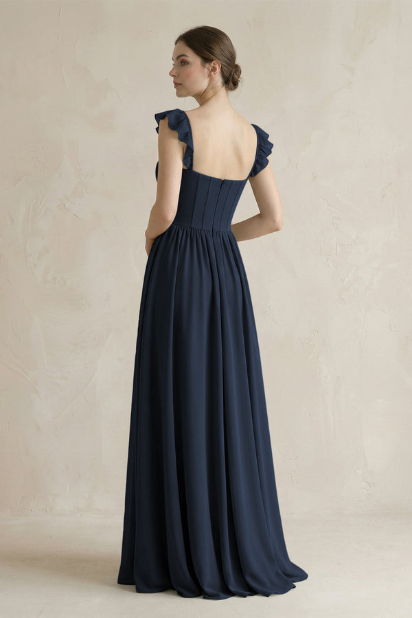 Sweetheart Chiffon Ruffled A - Line Corset Bridesmaid Dress in Dark Navy - KissProm Bridesmaid Dresses