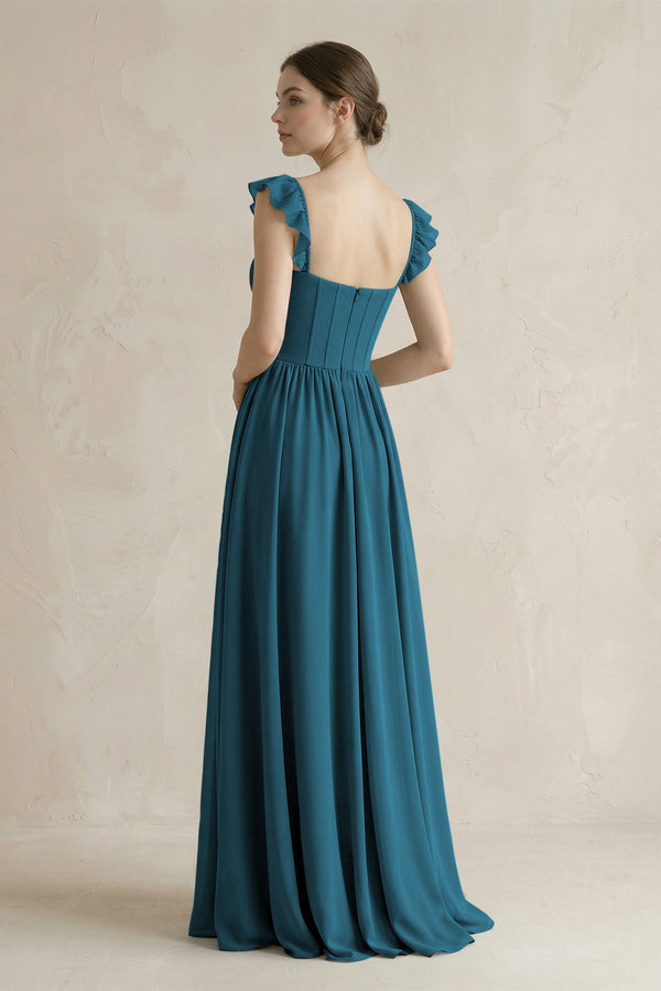 Sweetheart Chiffon Ruffled A - Line Corset Bridesmaid Dress in Dark Teal - KissProm Bridesmaid Dresses