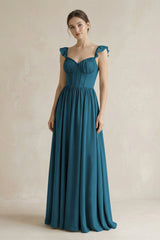 Sweetheart Chiffon Ruffled A - Line Corset Bridesmaid Dress in Dark Teal - KissProm Bridesmaid Dresses
