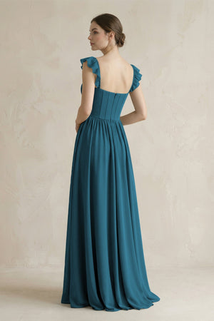 Sweetheart Chiffon Ruffled A - Line Corset Bridesmaid Dress in Dark Teal - KissProm Bridesmaid Dresses