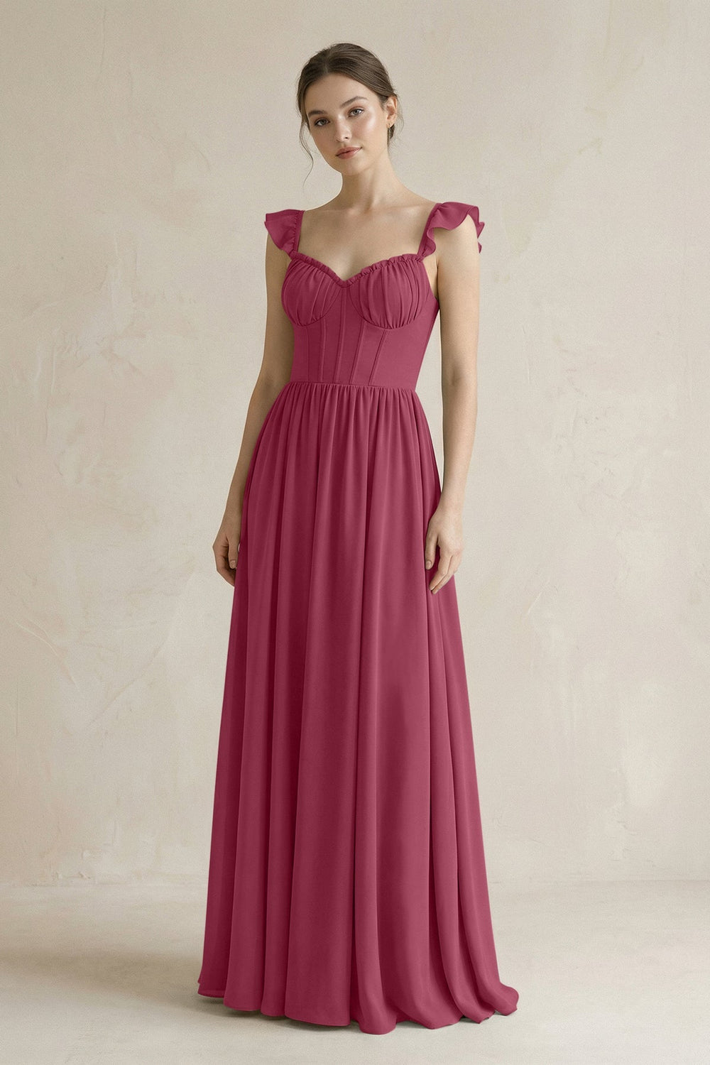 Sweetheart Chiffon Ruffled A - Line Corset Bridesmaid Dress in Desert Rose - KissProm Bridesmaid Dresses