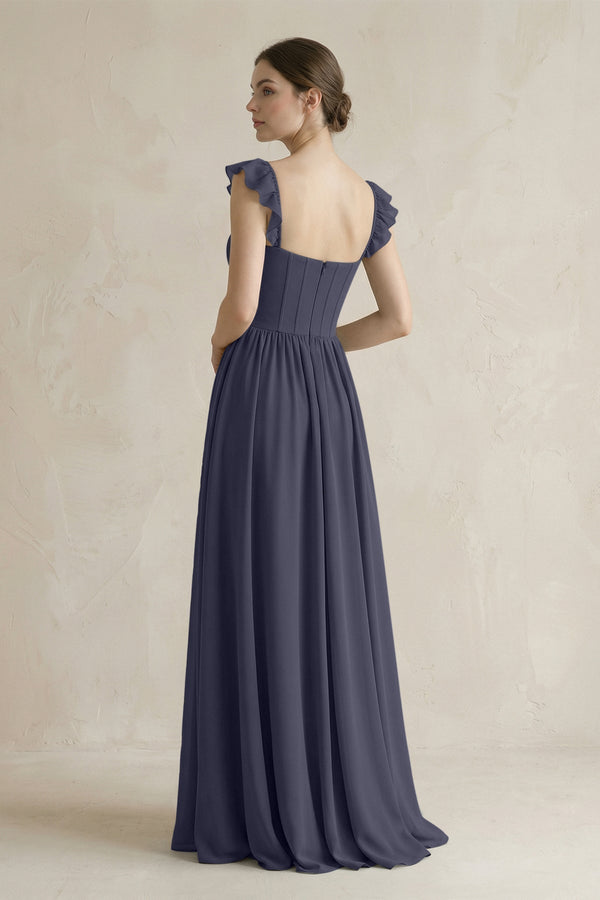Sweetheart Chiffon Ruffled A - Line Corset Bridesmaid Dress in Dusk Blue - KissProm Bridesmaid Dresses