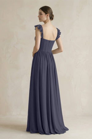 Sweetheart Chiffon Ruffled A - Line Corset Bridesmaid Dress in Dusk Blue - KissProm Bridesmaid Dresses