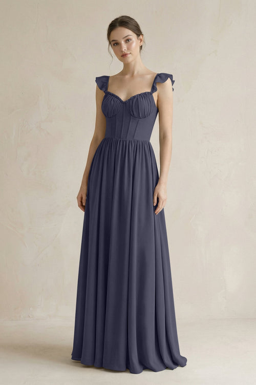 Sweetheart Chiffon Ruffled A - Line Corset Bridesmaid Dress in Dusk Blue - KissProm Bridesmaid Dresses