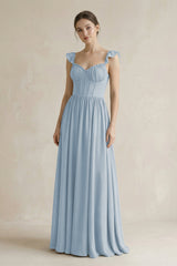 Sweetheart Chiffon Ruffled A - Line Corset Bridesmaid Dress in Dusty Blue - KissProm Bridesmaid Dresses