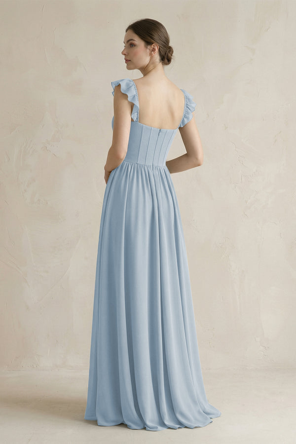 Sweetheart Chiffon Ruffled A - Line Corset Bridesmaid Dress in Dusty Blue - KissProm Bridesmaid Dresses