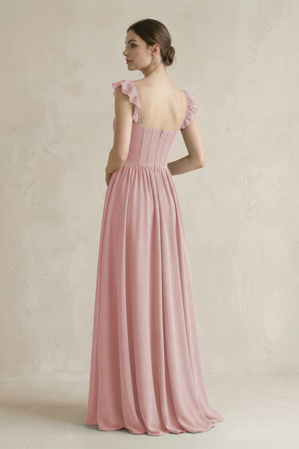 Sweetheart Chiffon Ruffled A - Line Corset Bridesmaid Dress in Dusty Rose - KissProm Bridesmaid Dresses