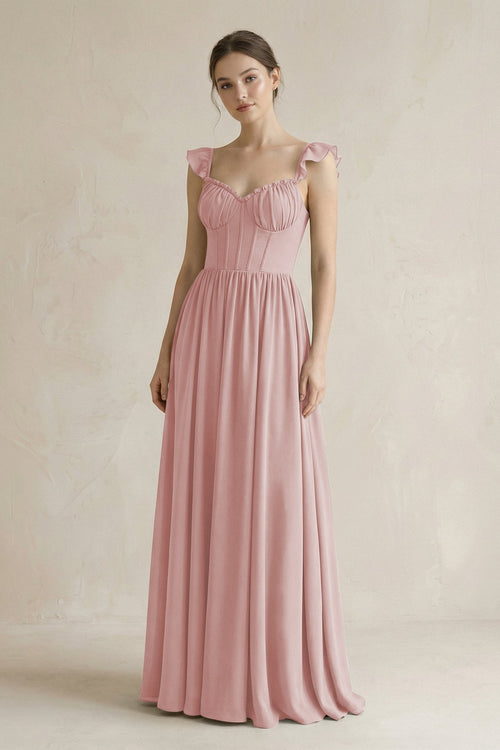 Sweetheart Chiffon Ruffled A - Line Corset Bridesmaid Dress in Dusty Rose - KissProm Bridesmaid Dresses