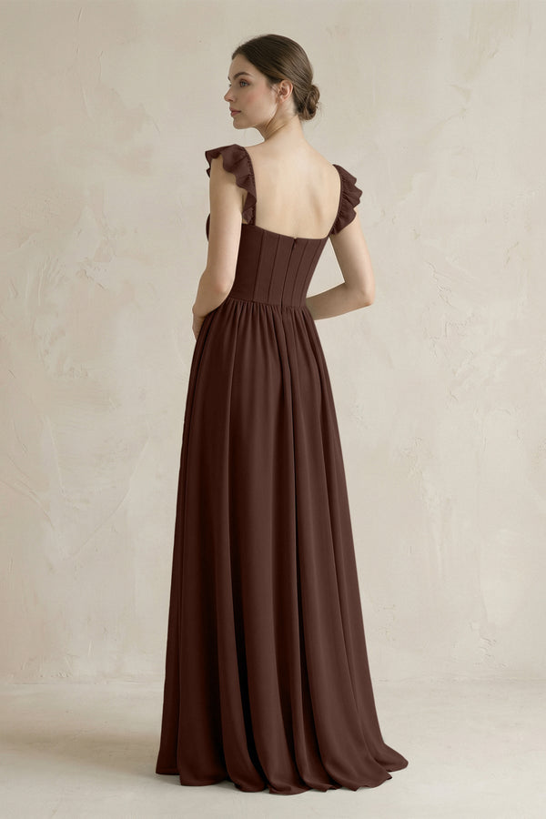 Sweetheart Chiffon Ruffled A - Line Corset Bridesmaid Dress in Espresso - KissProm Bridesmaid Dresses