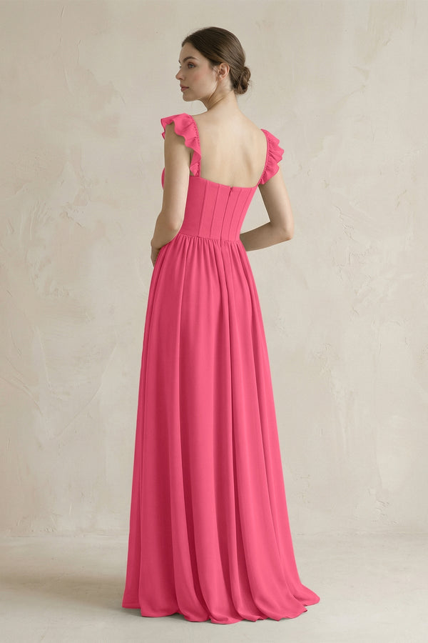 Sweetheart Chiffon Ruffled A - Line Corset Bridesmaid Dress in Fuchsia - KissProm Bridesmaid Dresses