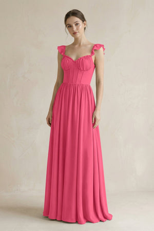 Sweetheart Chiffon Ruffled A - Line Corset Bridesmaid Dress in Fuchsia - KissProm Bridesmaid Dresses