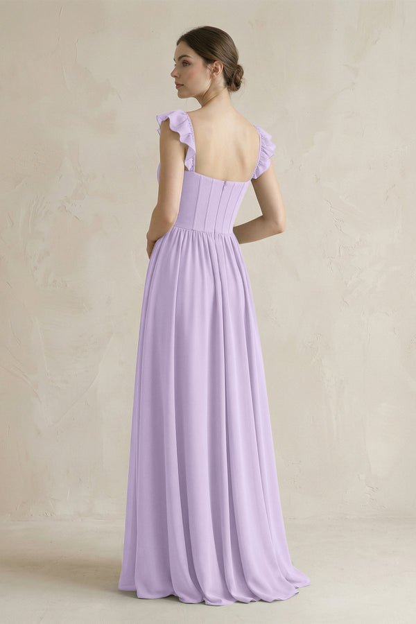 Sweetheart Chiffon Ruffled A - Line Corset Bridesmaid Dress in Lavender - KissProm Bridesmaid Dresses
