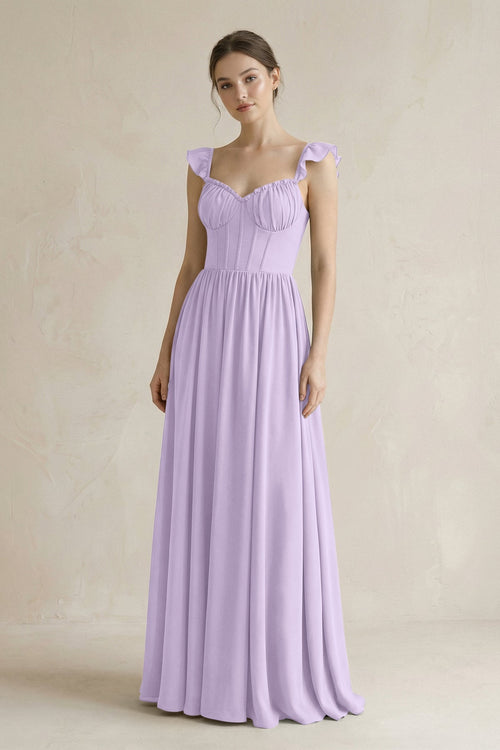 Sweetheart Chiffon Ruffled A - Line Corset Bridesmaid Dress in Lavender - KissProm Bridesmaid Dresses