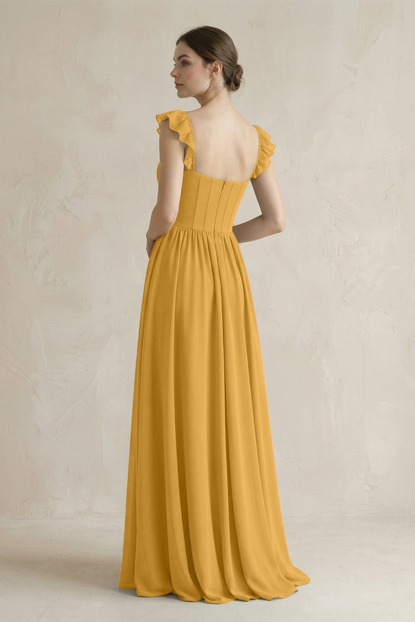 Sweetheart Chiffon Ruffled A - Line Corset Bridesmaid Dress in Marigold - KissProm Bridesmaid Dresses