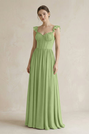 Sweetheart Chiffon Ruffled A - Line Corset Bridesmaid Dress in Matcha - KissProm Bridesmaid Dresses