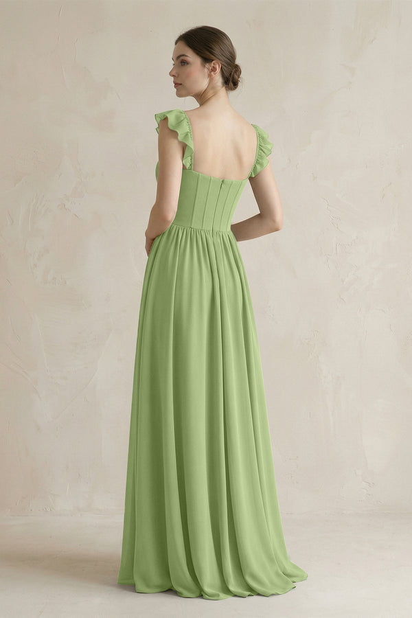 Sweetheart Chiffon Ruffled A - Line Corset Bridesmaid Dress in Matcha - KissProm Bridesmaid Dresses