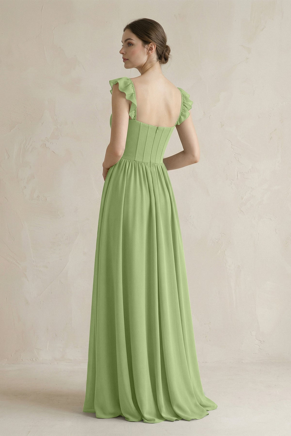 Sweetheart Chiffon Ruffled A - Line Corset Bridesmaid Dress in Matcha - KissProm Bridesmaid Dresses