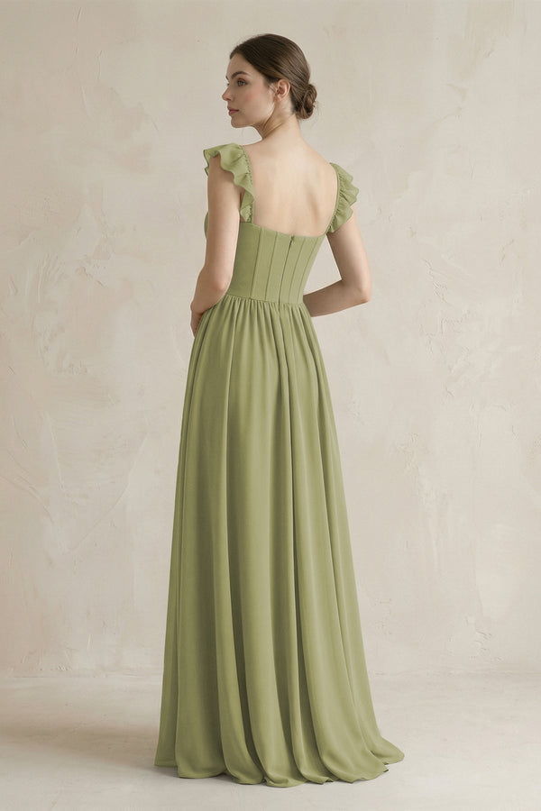 Sweetheart Chiffon Ruffled A - Line Corset Bridesmaid Dress in Moss Green - KissProm Bridesmaid Dresses