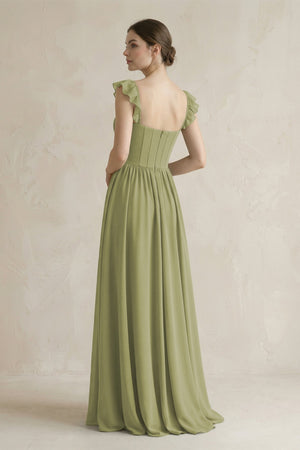 Sweetheart Chiffon Ruffled A - Line Corset Bridesmaid Dress in Moss Green - KissProm Bridesmaid Dresses