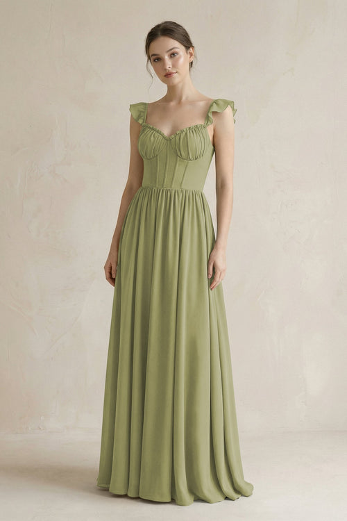 Sweetheart Chiffon Ruffled A - Line Corset Bridesmaid Dress in Moss Green - KissProm Bridesmaid Dresses