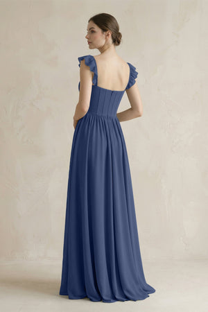 Sweetheart Chiffon Ruffled A - Line Corset Bridesmaid Dress in Navy - KissProm Bridesmaid Dresses