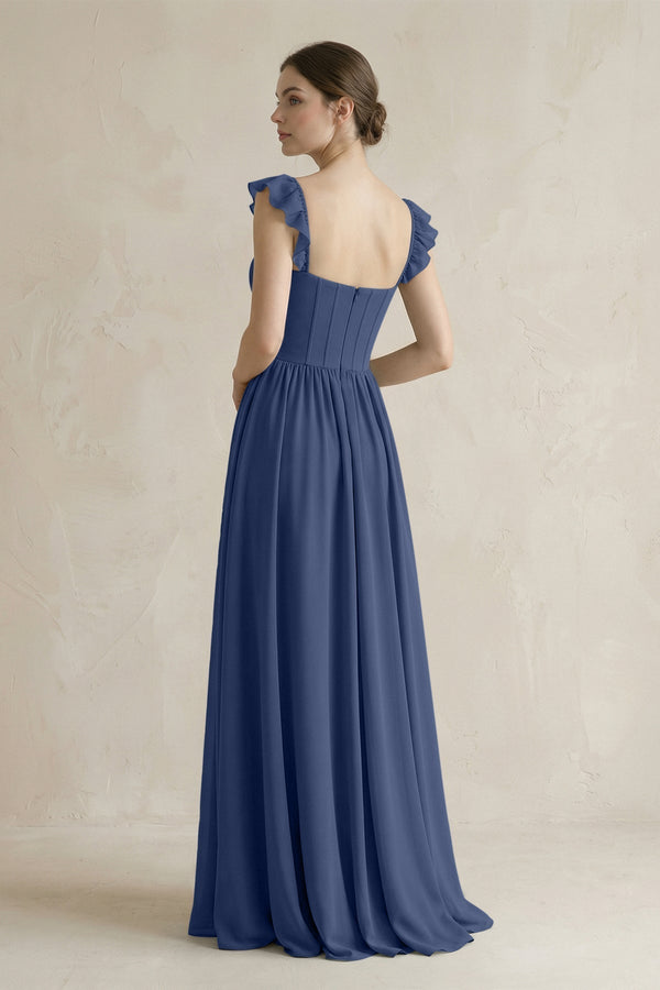 Sweetheart Chiffon Ruffled A - Line Corset Bridesmaid Dress in Navy - KissProm Bridesmaid Dresses