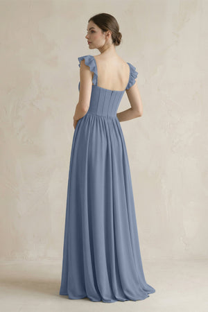 Sweetheart Chiffon Ruffled A - Line Corset Bridesmaid Dress in Neptune - KissProm Bridesmaid Dresses
