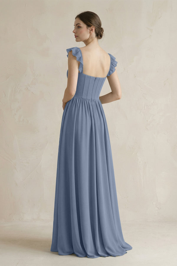 Sweetheart Chiffon Ruffled A - Line Corset Bridesmaid Dress in Neptune - KissProm Bridesmaid Dresses