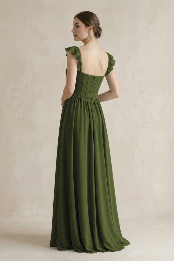 Sweetheart Chiffon Ruffled A - Line Corset Bridesmaid Dress in Olive - KissProm Bridesmaid Dresses