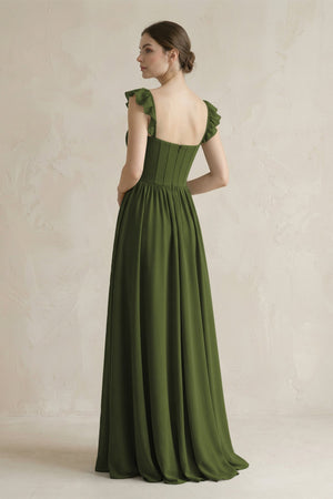 Sweetheart Chiffon Ruffled A - Line Corset Bridesmaid Dress in Olive - KissProm Bridesmaid Dresses