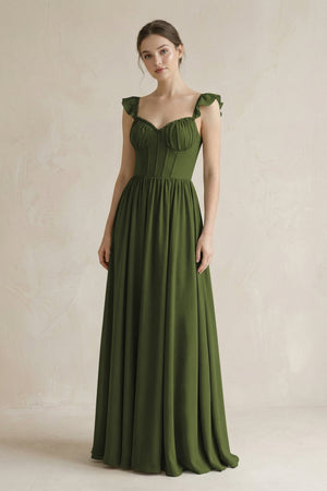 Sweetheart Chiffon Ruffled A - Line Corset Bridesmaid Dress in Olive - KissProm Bridesmaid Dresses