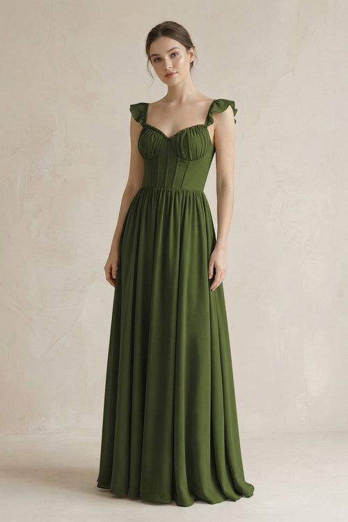 Sweetheart Chiffon Ruffled A - Line Corset Bridesmaid Dress in Olive - KissProm Bridesmaid Dresses