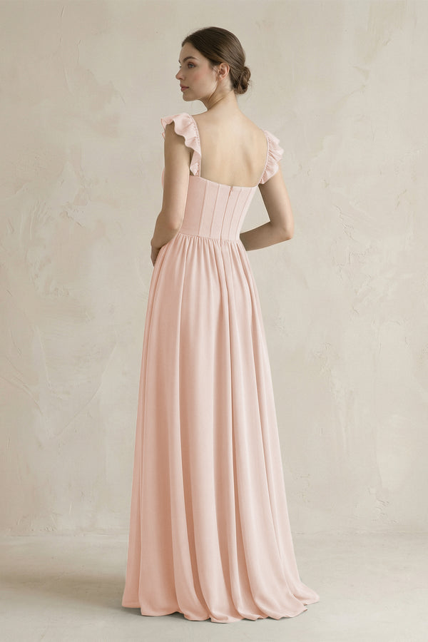 Sweetheart Chiffon Ruffled A - Line Corset Bridesmaid Dress in Pale Blush - KissProm Bridesmaid Dresses