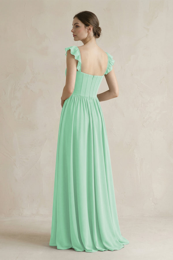 Sweetheart Chiffon Ruffled A - Line Corset Bridesmaid Dress in Pale Pistachio - KissProm Bridesmaid Dresses