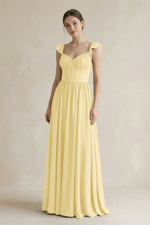 Sweetheart Chiffon Ruffled A - Line Corset Bridesmaid Dress in Pastel Yellow - KissProm Bridesmaid Dresses