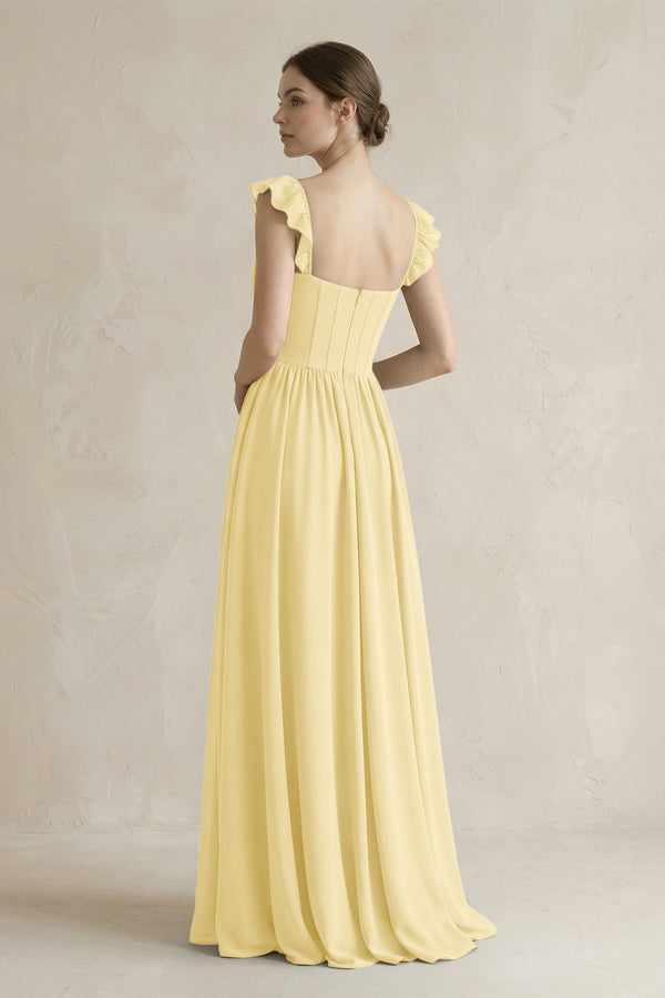Sweetheart Chiffon Ruffled A - Line Corset Bridesmaid Dress in Pastel Yellow - KissProm Bridesmaid Dresses