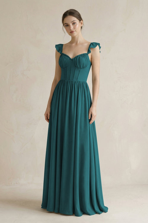 Sweetheart Chiffon Ruffled A - Line Corset Bridesmaid Dress in Pine - KissProm Bridesmaid Dresses