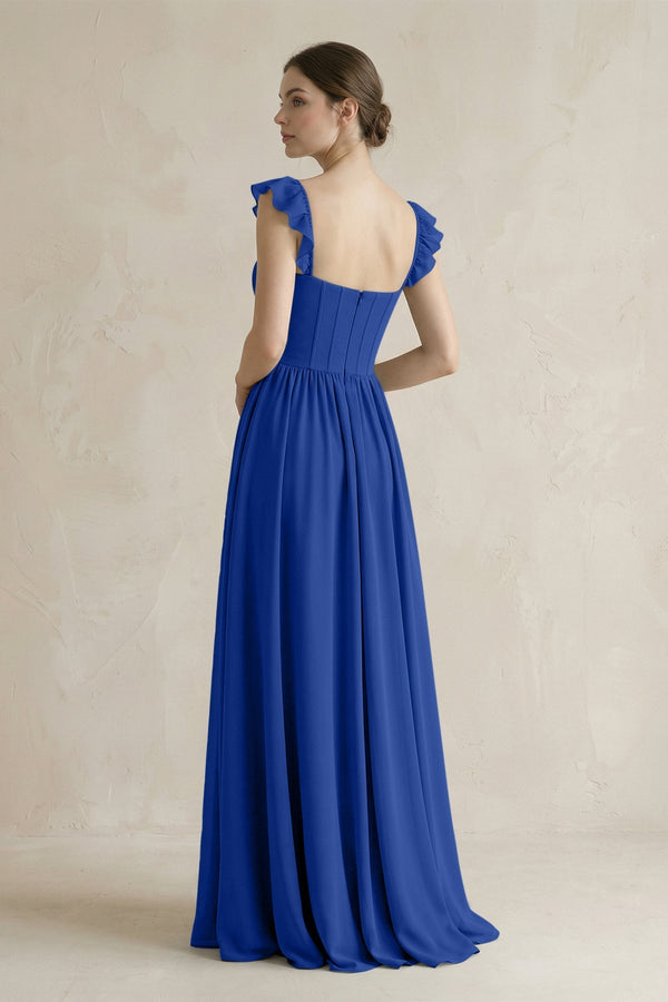 Sweetheart Chiffon Ruffled A - Line Corset Bridesmaid Dress in Royal Blue - KissProm Bridesmaid Dresses