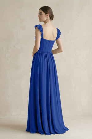 Sweetheart Chiffon Ruffled A - Line Corset Bridesmaid Dress in Royal Blue - KissProm Bridesmaid Dresses