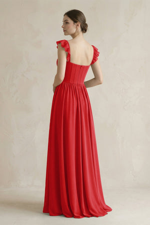 Sweetheart Chiffon Ruffled A - Line Corset Bridesmaid Dress in Ruby Red - KissProm Bridesmaid Dresses