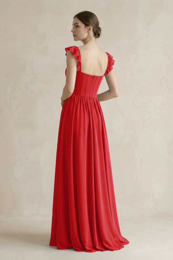 Sweetheart Chiffon Ruffled A - Line Corset Bridesmaid Dress in Ruby Red - KissProm Bridesmaid Dresses