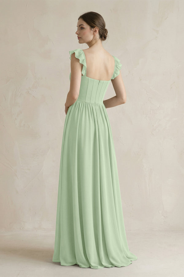 Sweetheart Chiffon Ruffled A - Line Corset Bridesmaid Dress in Sage - KissProm Bridesmaid Dresses