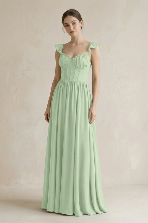 Sweetheart Chiffon Ruffled A - Line Corset Bridesmaid Dress in Sage - KissProm Bridesmaid Dresses