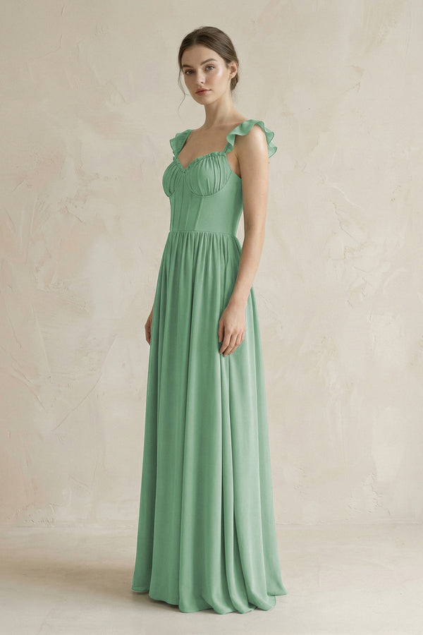Sweetheart Chiffon Ruffled A - Line Corset Bridesmaid Dress in Sea Glass - KissProm Bridesmaid Dresses