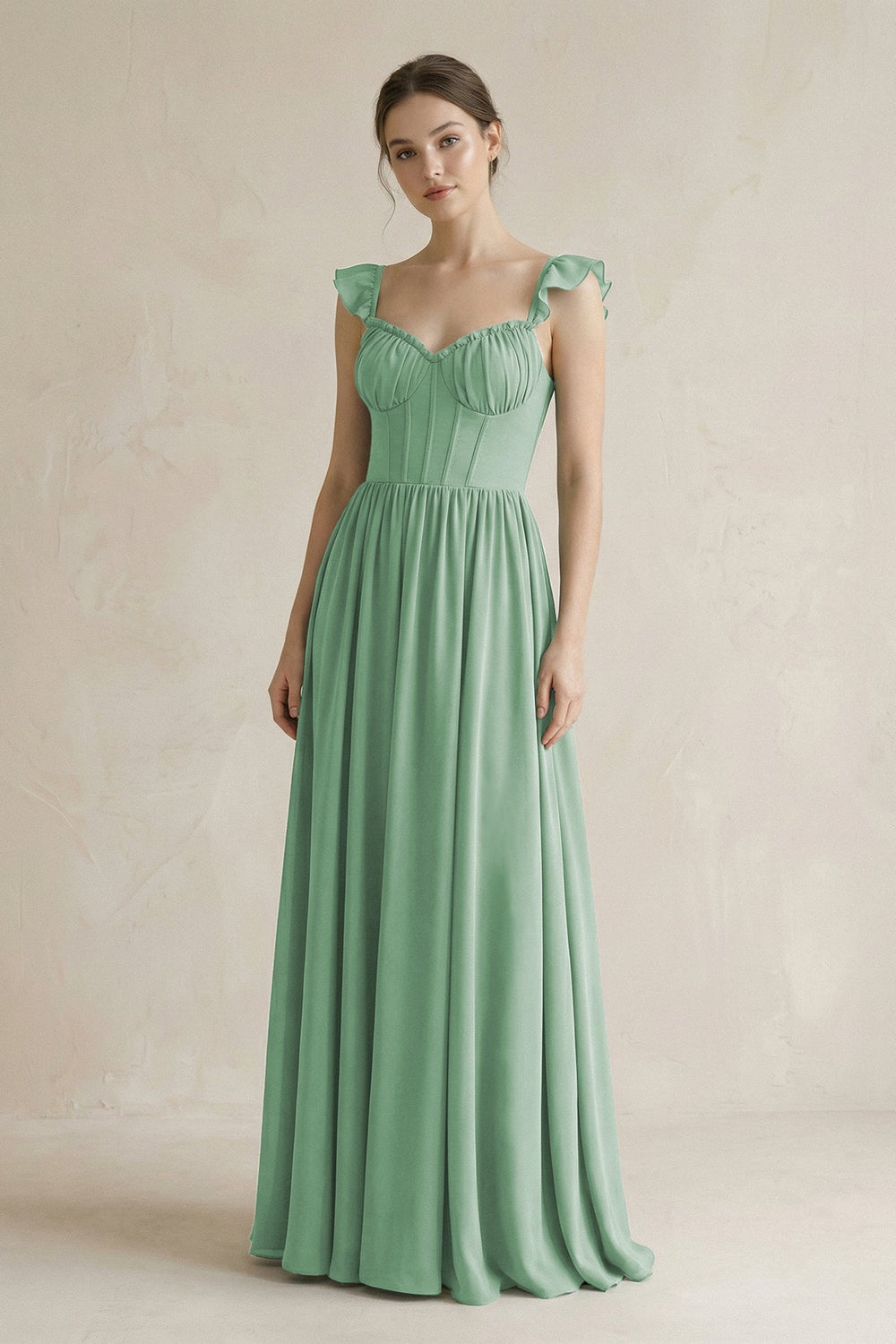 Sweetheart Chiffon Ruffled A - Line Corset Bridesmaid Dress in Sea Glass - KissProm Bridesmaid Dresses